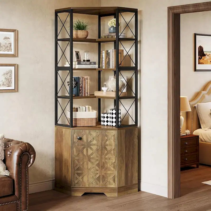 7-Tier Tall Corner Bookcase Cabinet, 76-Inch Industrial Corner Bookshelf with Storage
