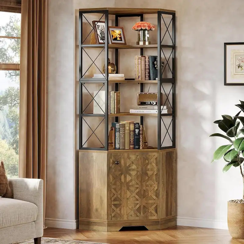 7-Tier Tall Corner Bookcase Cabinet, 76-Inch Industrial Corner Bookshelf with Storage
