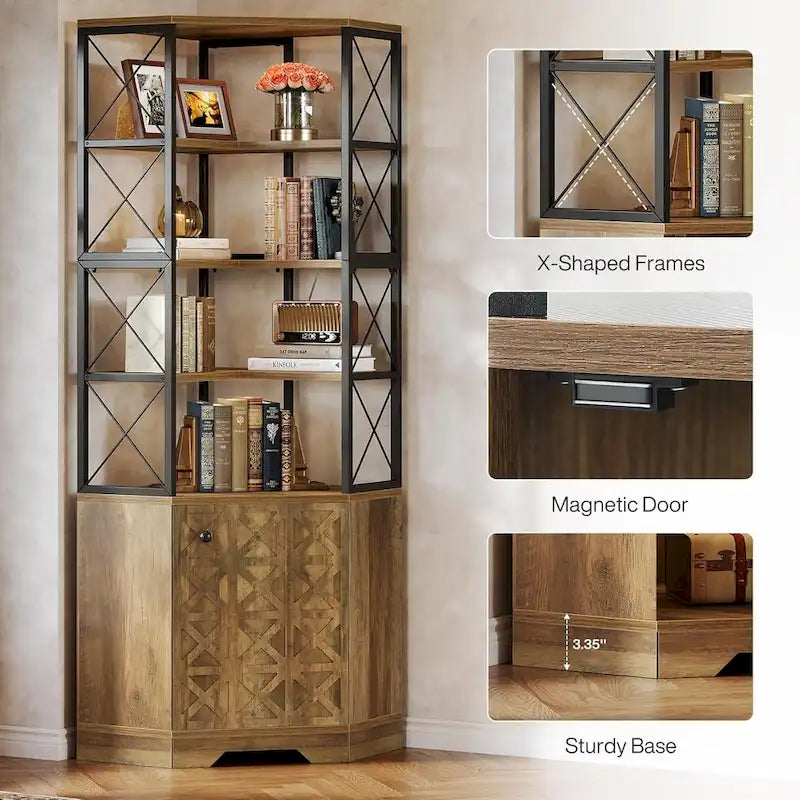 7-Tier Tall Corner Bookcase Cabinet, 76-Inch Industrial Corner Bookshelf with Storage