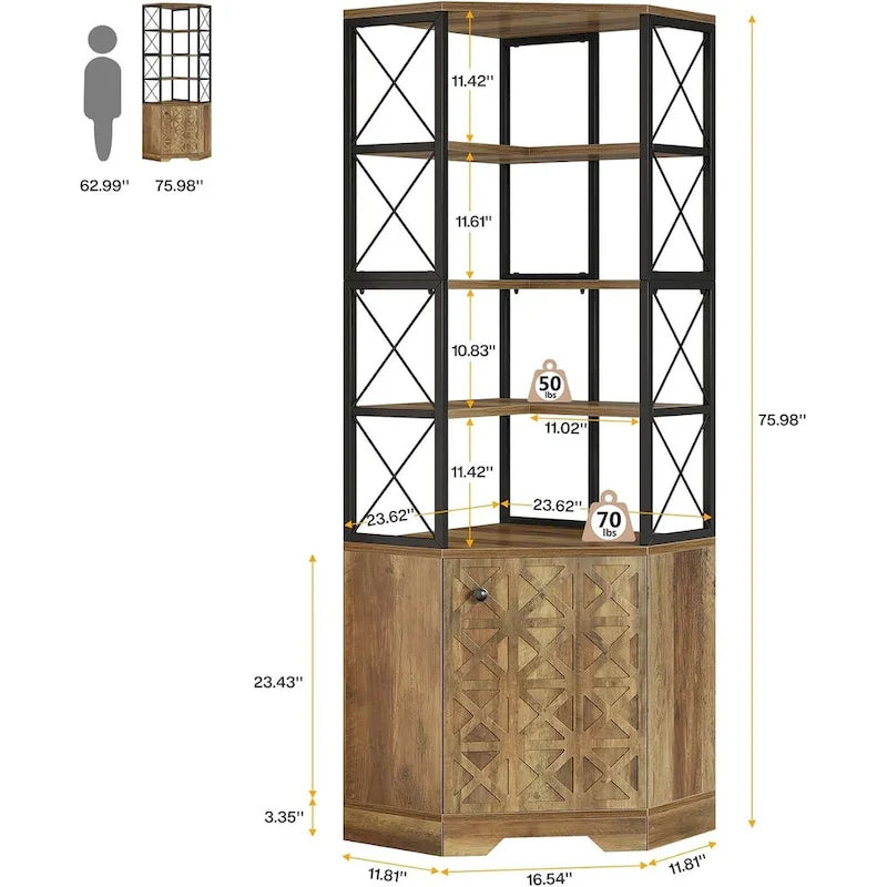 7-Tier Tall Corner Bookcase Cabinet, 76-Inch Industrial Corner Bookshelf with Storage
