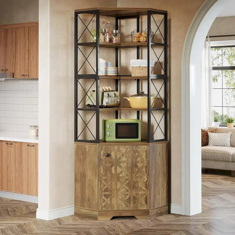 7-Tier Tall Corner Bookcase Cabinet, 76-Inch Industrial Corner Bookshelf with Storage
