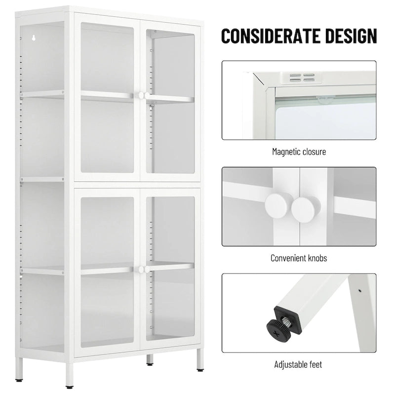 Four Glass Door Storage Cabinet with Adjustable Shelves
