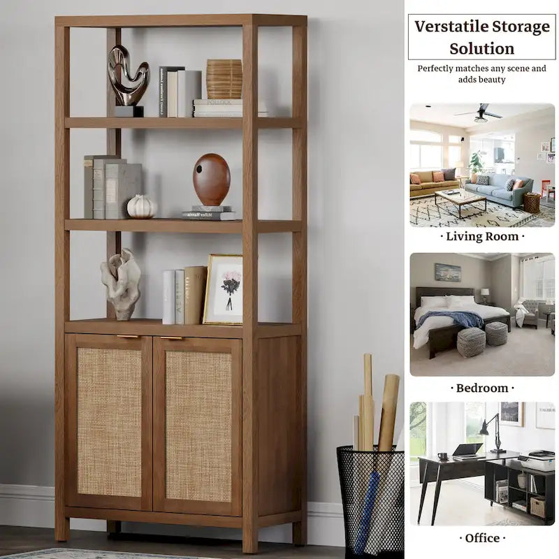 SICOTAS 5 Tier Adjustable Bookshelf with Rattan Storage Cabinet