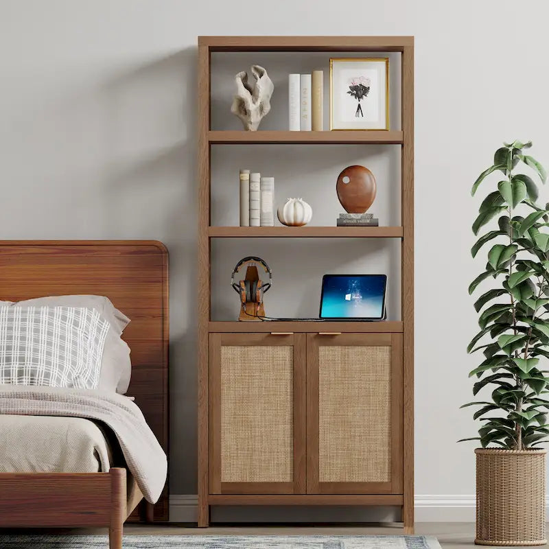 Étagère à 5 niveaux réglables SICOTAS avec placard de rangement en rotin