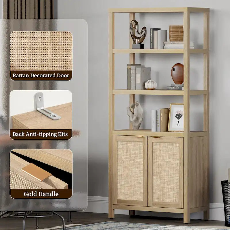 Étagère à 5 niveaux réglables SICOTAS avec placard de rangement en rotin