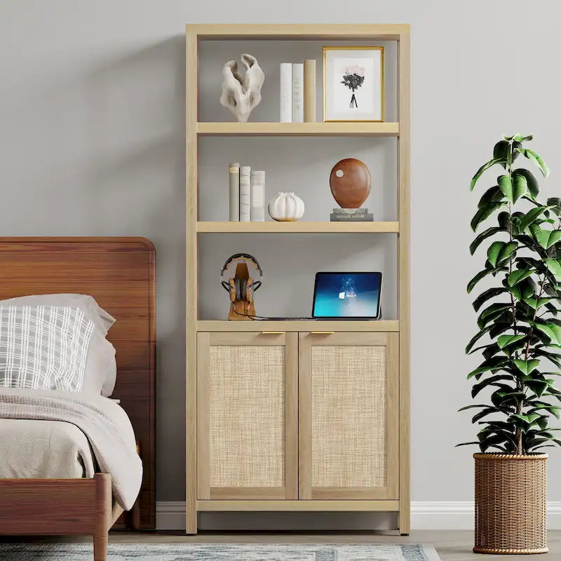 Étagère à 5 niveaux réglables SICOTAS avec placard de rangement en rotin