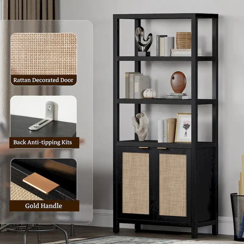 Étagère à 5 niveaux réglables SICOTAS avec placard de rangement en rotin