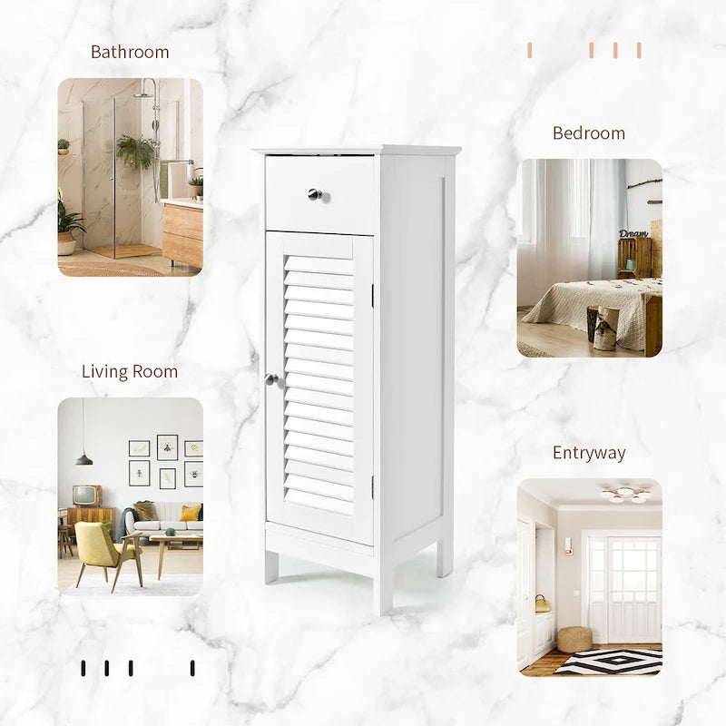 Meuble de rangement de salle de bain sur pied en bois avec porte persienne