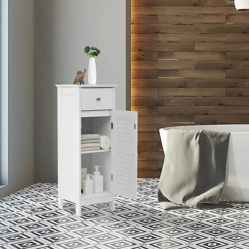 Meuble de rangement de salle de bain sur pied en bois avec porte persienne
