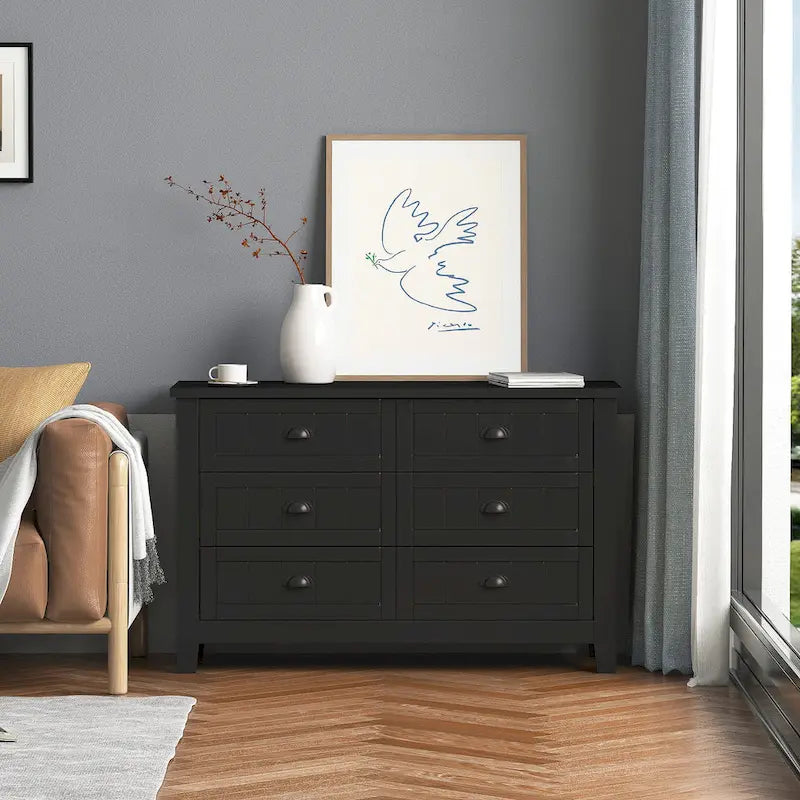 Modern Black Storage Solid Wood Retro Shell Handle Side Cabinet