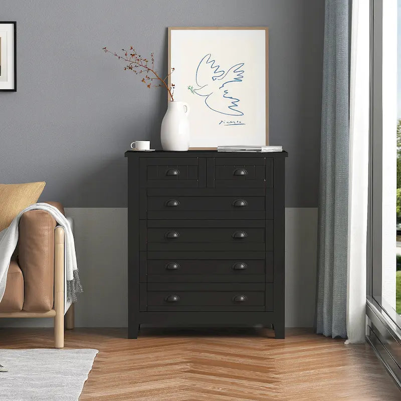 Modern Black Storage Solid Wood Retro Shell Handle Side Cabinet