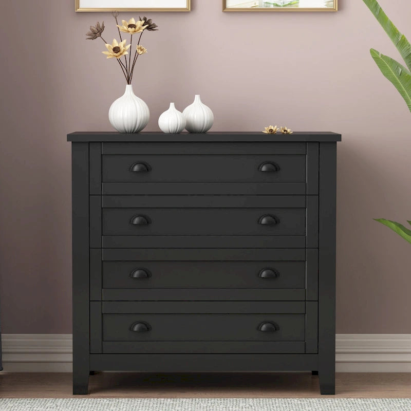 Modern Black Storage Solid Wood Retro Shell Handle Side Cabinet