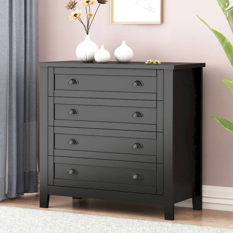 Modern Black Storage Solid Wood Retro Shell Handle Side Cabinet