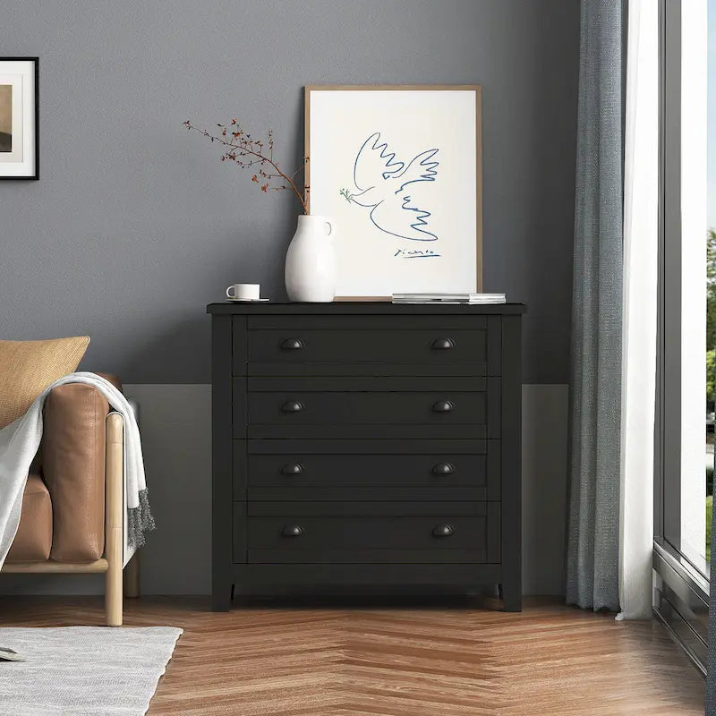 Modern Black Storage Solid Wood Retro Shell Handle Side Cabinet