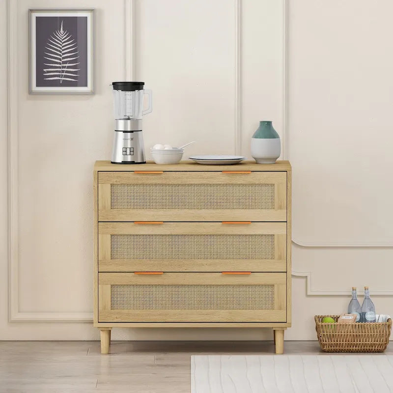 3-Drawers Rattan Storage Cabinet Rattan Drawer - N/A