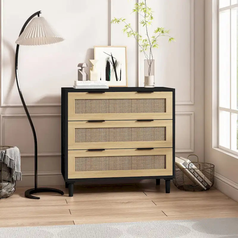 3-Drawers Rattan Storage Cabinet Rattan Drawer - N/A