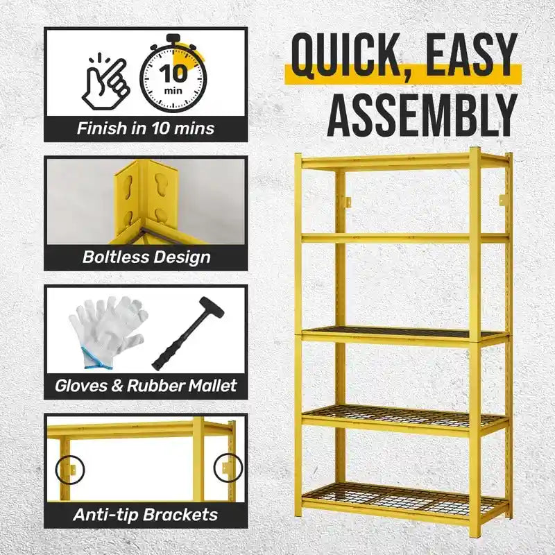5-Tier Yellow Adjustable Metal Shelving Unit Heavy Duty Garage Storage