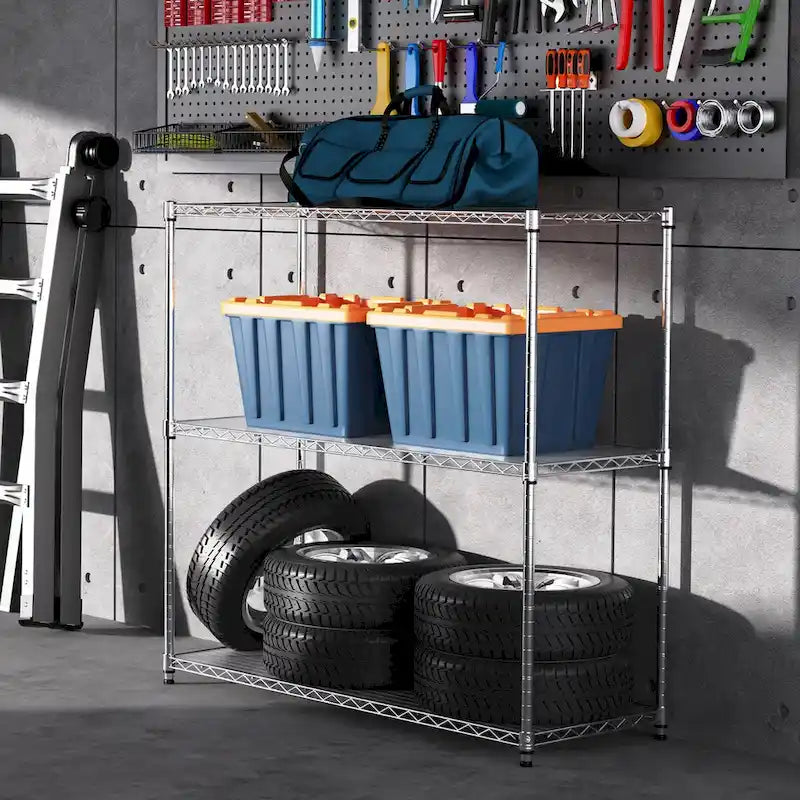 3 Tier Wire Shelving Unit, 1050 LBS NSF Height Adjustable Garage Storage Shelves, Heavy Duty Storage Wire Rack Metal Shelves