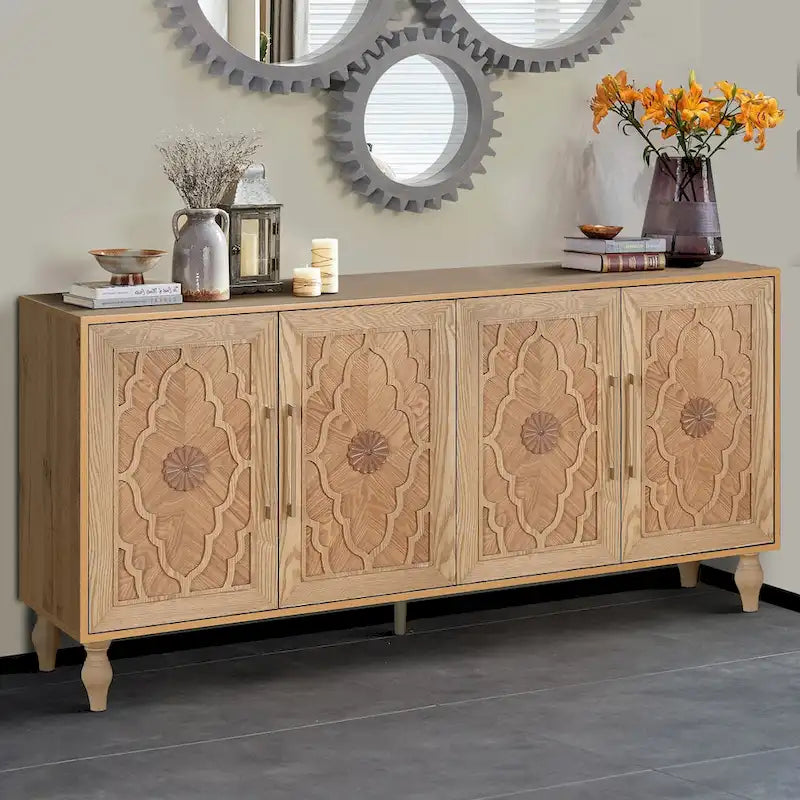 Carved Flower Door Large Storage Cabinet With Metal Handle