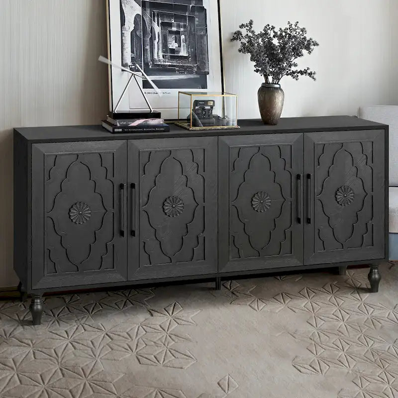 Carved Flower Door Large Storage Cabinet With Metal Handle