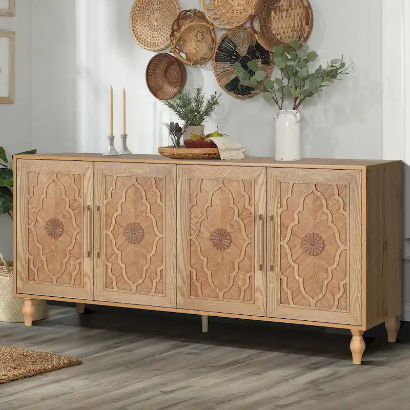 Carved Flower Door Large Storage Cabinet With Metal Handle
