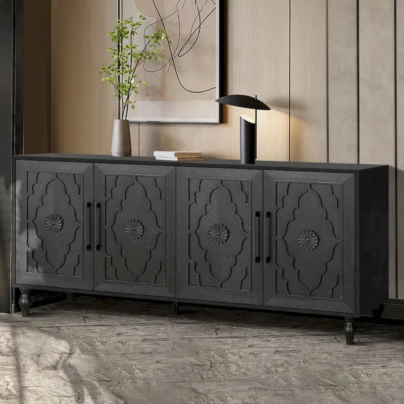 Carved Flower Door Large Storage Cabinet With Metal Handle