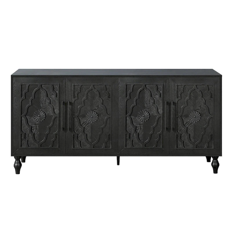 Carved Flower Door Large Storage Cabinet With Metal Handle