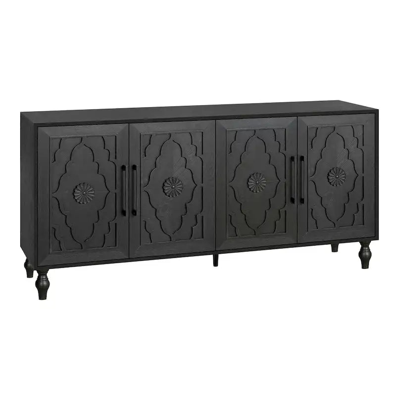 Carved Flower Door Large Storage Cabinet With Metal Handle