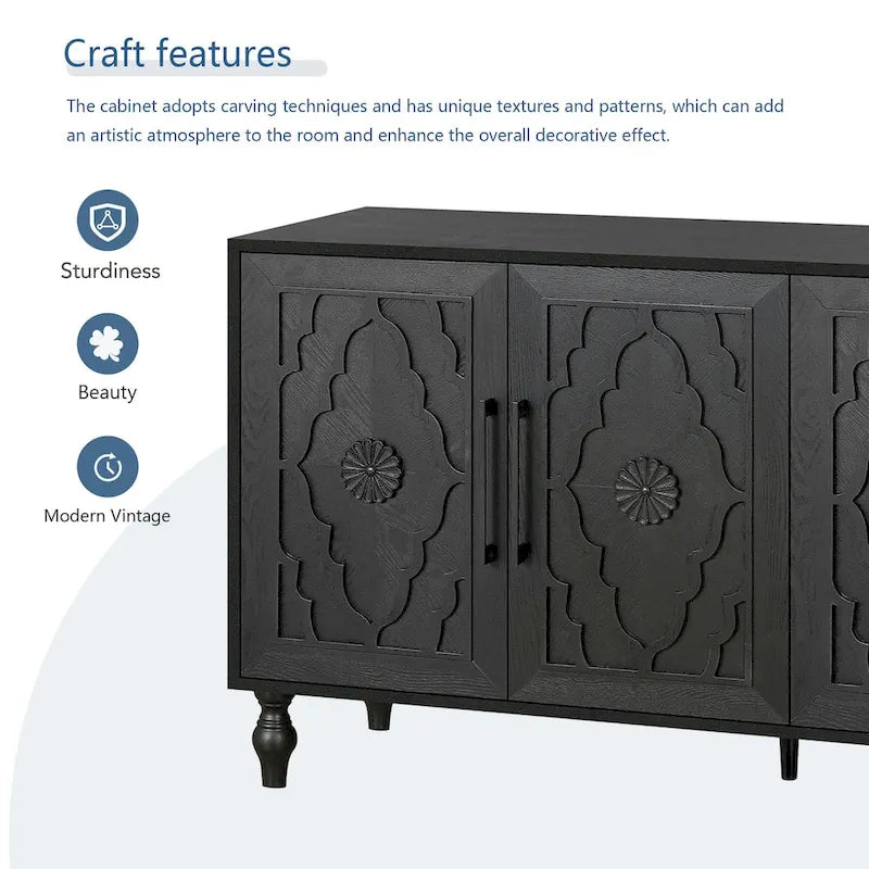Carved Flower Door Large Storage Cabinet With Metal Handle