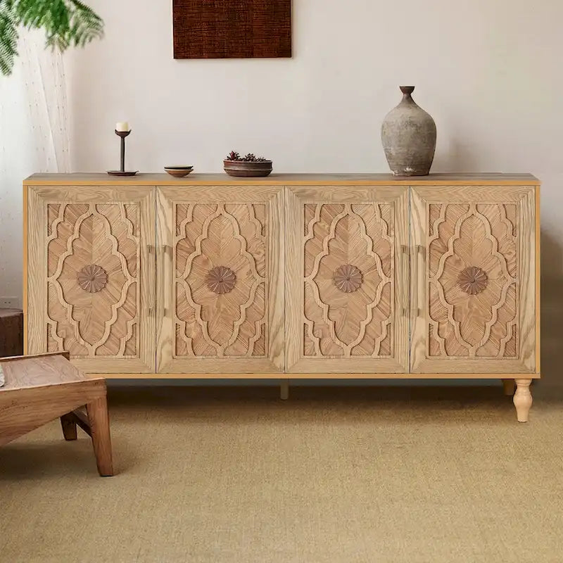Carved Flower Door Large Storage Cabinet With Metal Handle