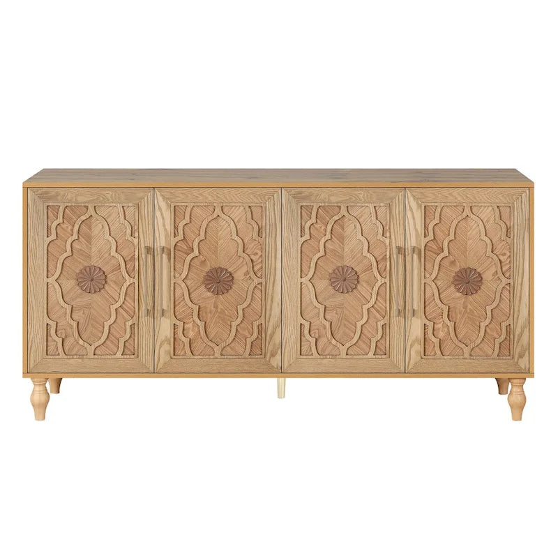 Carved Flower Door Large Storage Cabinet With Metal Handle