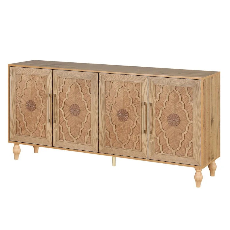 Carved Flower Door Large Storage Cabinet With Metal Handle