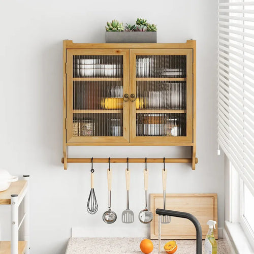 24.8Glass Door Vintage Double Door Wall Cabinet With Three Tiers of Storage With Towel Rack,Original Wood Color