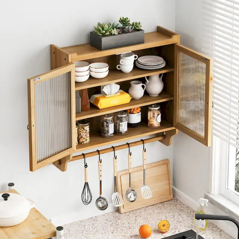 24.8Glass Door Vintage Double Door Wall Cabinet With Three Tiers of Storage With Towel Rack,Original Wood Color