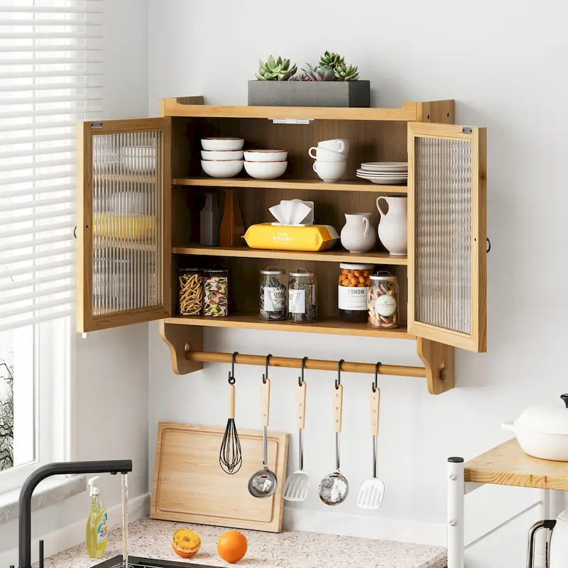 24.8Glass Door Vintage Double Door Wall Cabinet With Three Tiers of Storage With Towel Rack,Original Wood Color