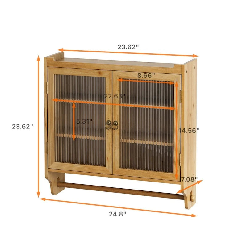 24.8Glass Door Vintage Double Door Wall Cabinet With Three Tiers of Storage With Towel Rack,Original Wood Color