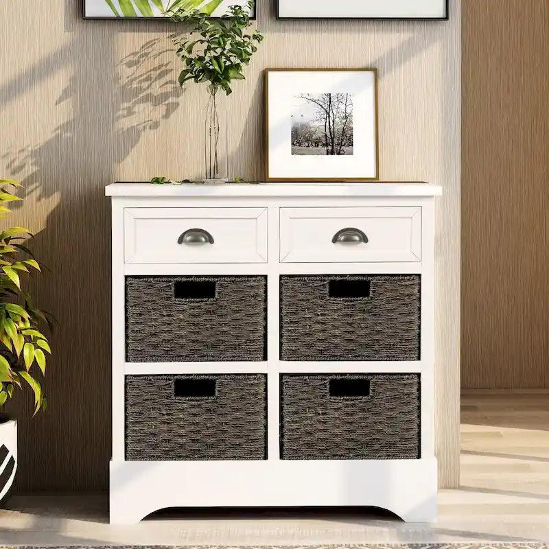 Meuble de rangement rustique avec deux tiroirs et quatre paniers en rotin classiques pour la salle à manger/l'entrée/le salon