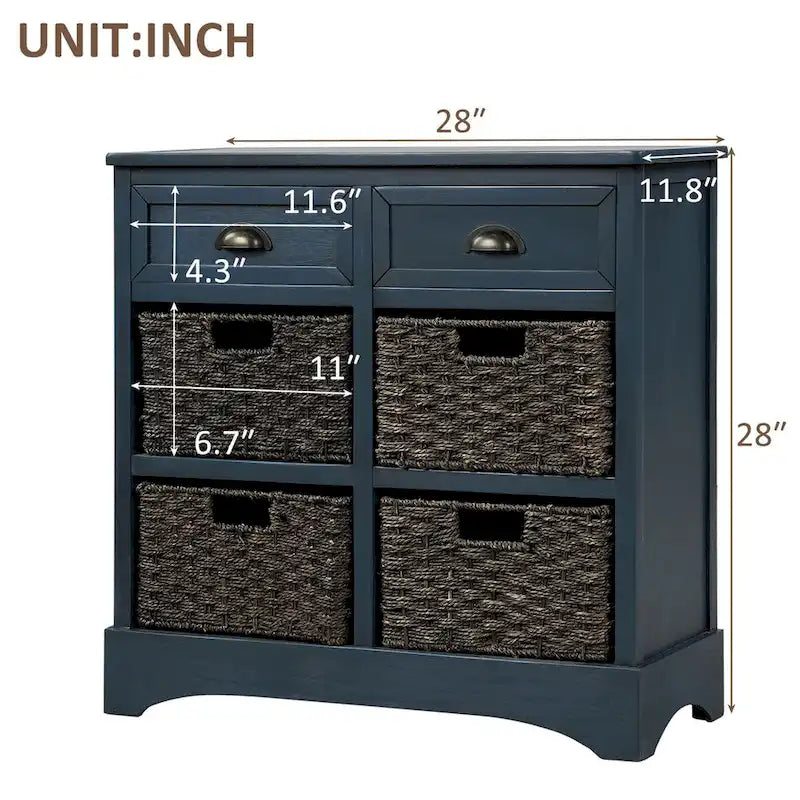 Meuble de rangement rustique avec deux tiroirs et quatre paniers en rotin classiques pour la salle à manger/l'entrée/le salon
