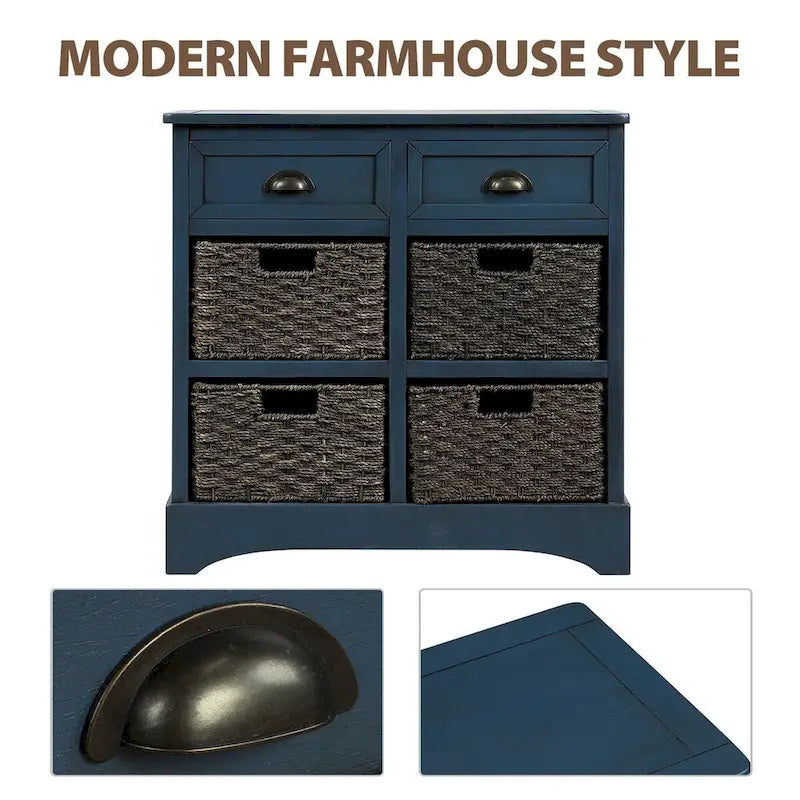 Meuble de rangement rustique avec deux tiroirs et quatre paniers en rotin classiques pour la salle à manger/l'entrée/le salon