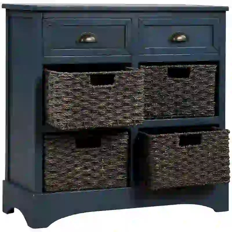 Meuble de rangement rustique avec deux tiroirs et quatre paniers en rotin classiques pour la salle à manger/l'entrée/le salon