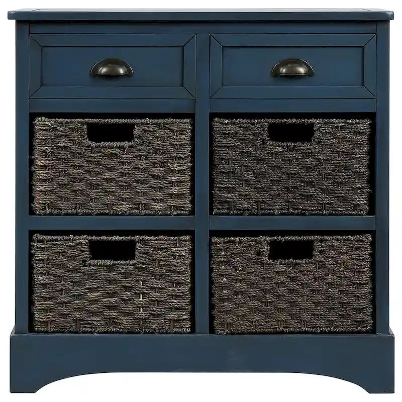 Meuble de rangement rustique avec deux tiroirs et quatre paniers en rotin classiques pour la salle à manger/l'entrée/le salon