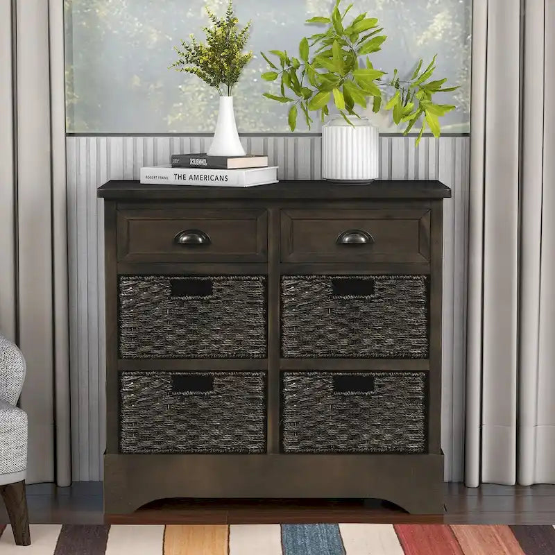 Meuble de rangement rustique avec deux tiroirs et quatre paniers en rotin classiques pour la salle à manger/l'entrée/le salon