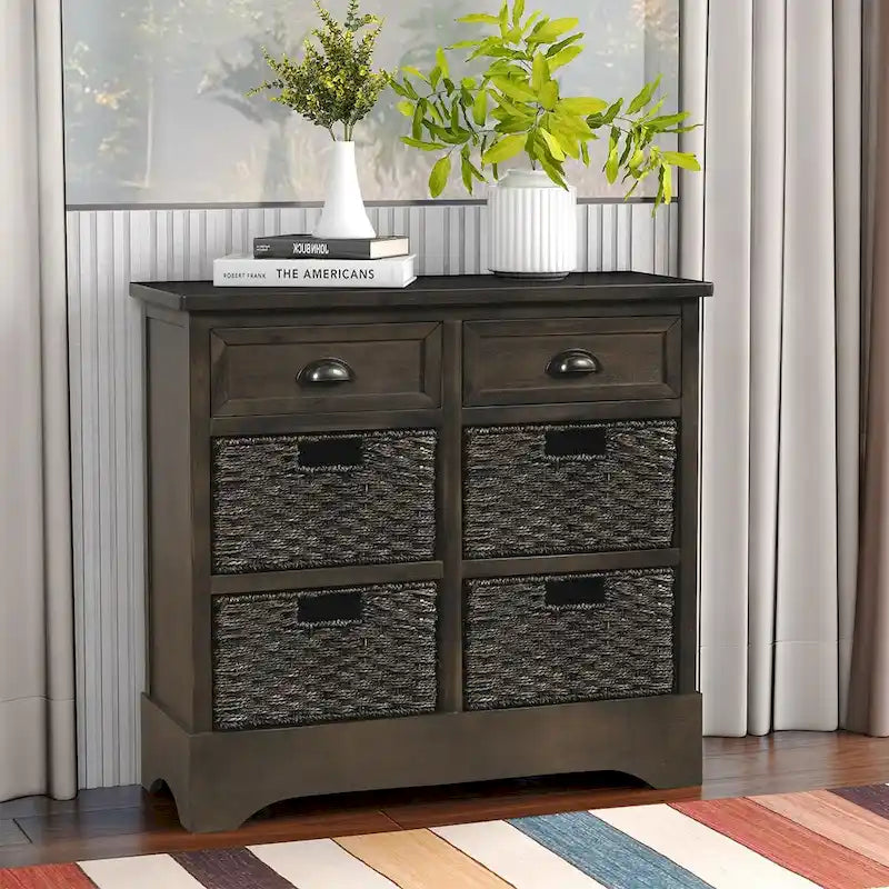 Meuble de rangement rustique avec deux tiroirs et quatre paniers en rotin classiques pour la salle à manger/l'entrée/le salon