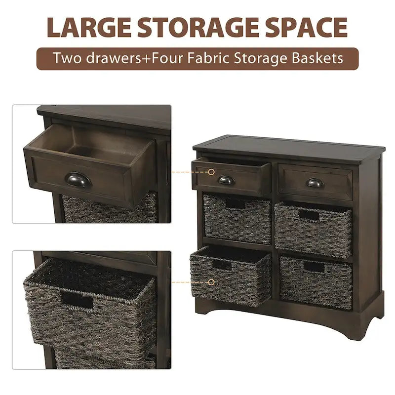 Meuble de rangement rustique avec deux tiroirs et quatre paniers en rotin classiques pour la salle à manger/l'entrée/le salon