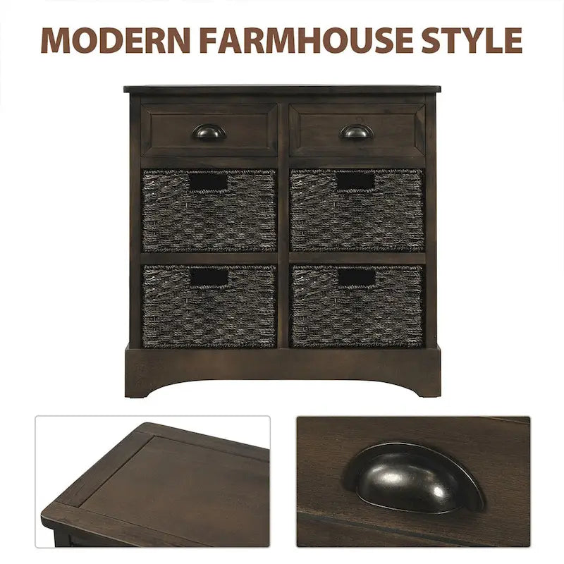 Meuble de rangement rustique avec deux tiroirs et quatre paniers en rotin classiques pour la salle à manger/l'entrée/le salon