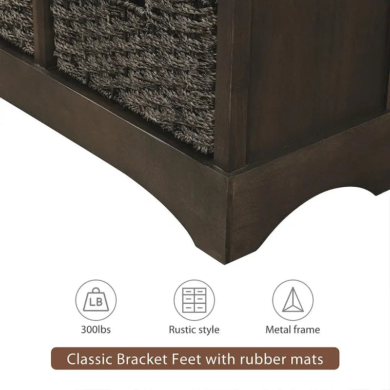 Meuble de rangement rustique avec deux tiroirs et quatre paniers en rotin classiques pour la salle à manger/l'entrée/le salon