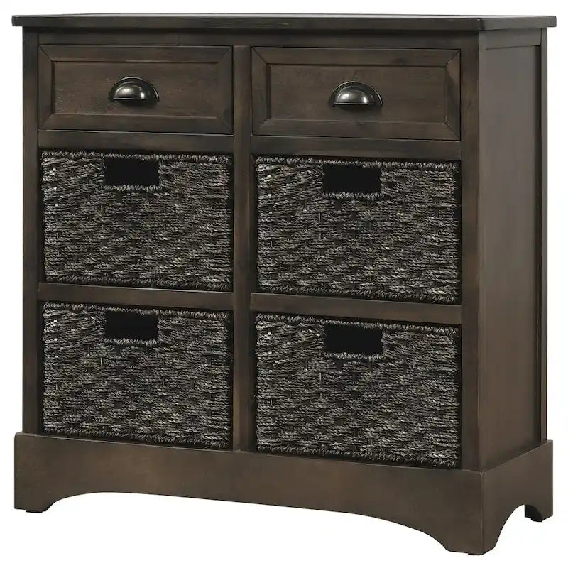 Meuble de rangement rustique avec deux tiroirs et quatre paniers en rotin classiques pour la salle à manger/l'entrée/le salon
