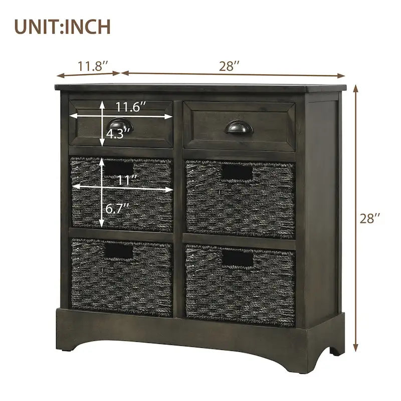 Meuble de rangement rustique avec deux tiroirs et quatre paniers en rotin classiques pour la salle à manger/l'entrée/le salon