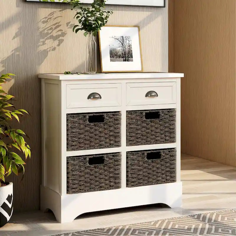 Meuble de rangement rustique avec deux tiroirs et quatre paniers en rotin classiques pour la salle à manger/l'entrée/le salon