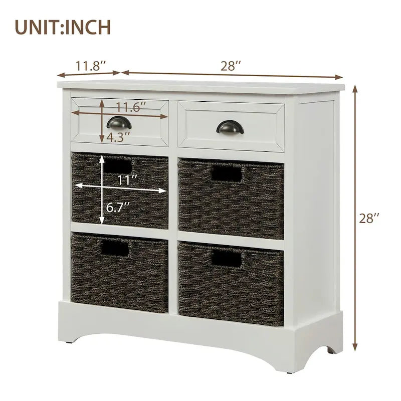 Meuble de rangement rustique avec deux tiroirs et quatre paniers en rotin classiques pour la salle à manger/l'entrée/le salon